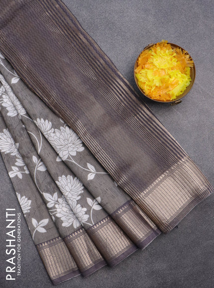 Assam silk saree grey shade with allover floral prints and zari woven border