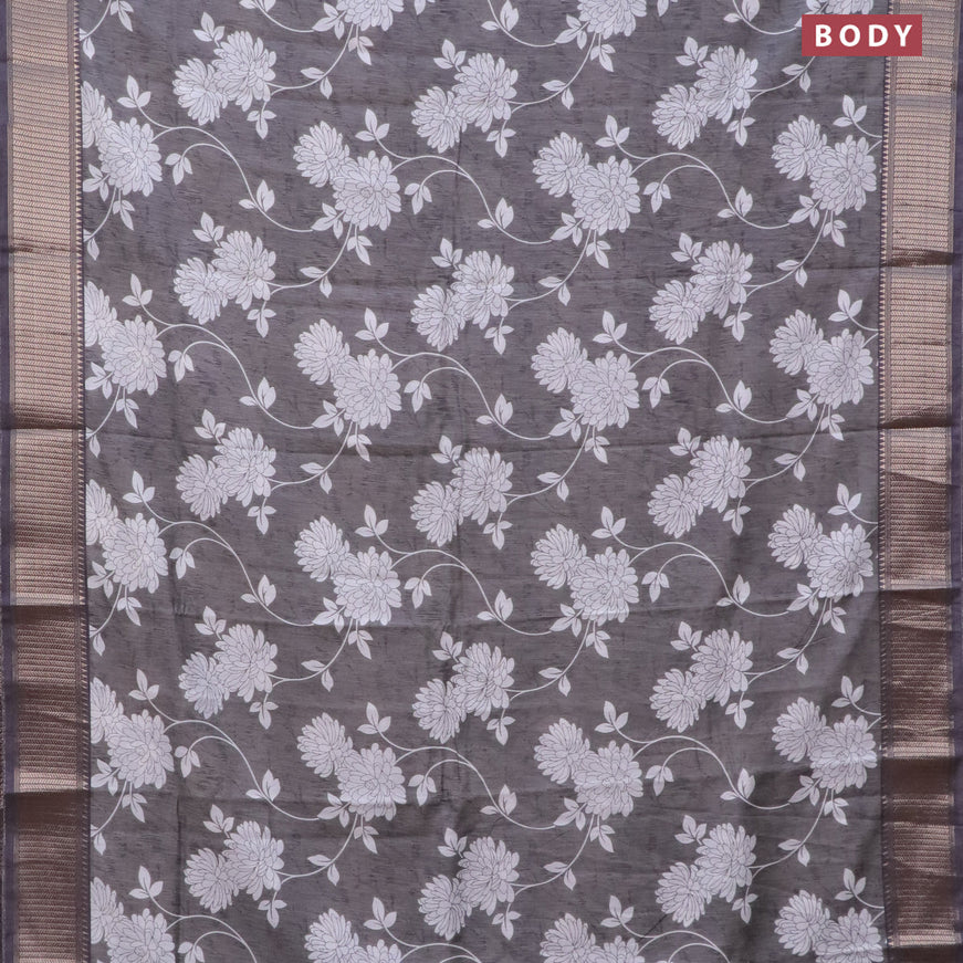 Assam silk saree grey shade with allover floral prints and zari woven border