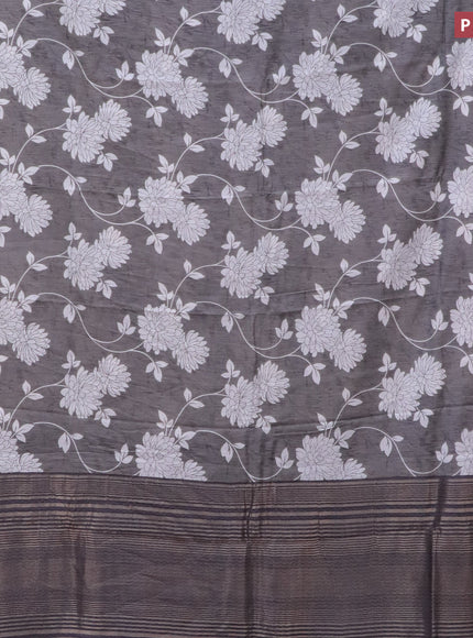 Assam silk saree grey shade with allover floral prints and zari woven border