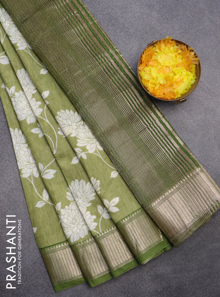 Assam silk saree green shade with allover floral prints and zari woven border