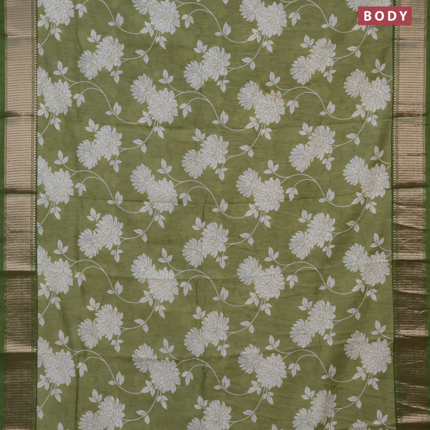 Assam silk saree green shade with allover floral prints and zari woven border