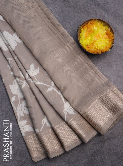 Assam silk saree grey shade with allover floral prints and zari woven border