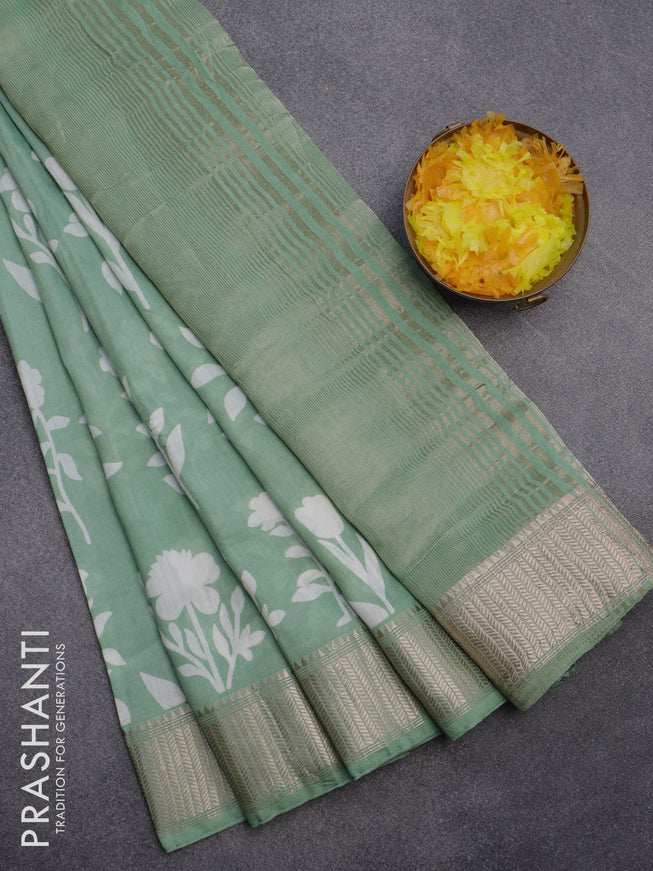 Assam silk saree pastel green with floral butta prints and zari woven border