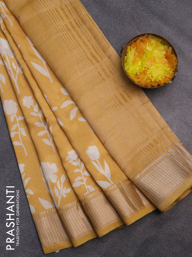 Assam silk saree yellow with floral butta prints and zari woven border