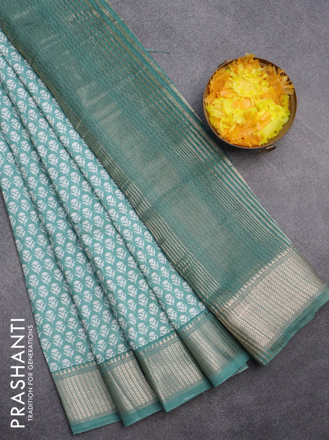 Assam silk saree teal green shade with floral butta prints and zari woven border