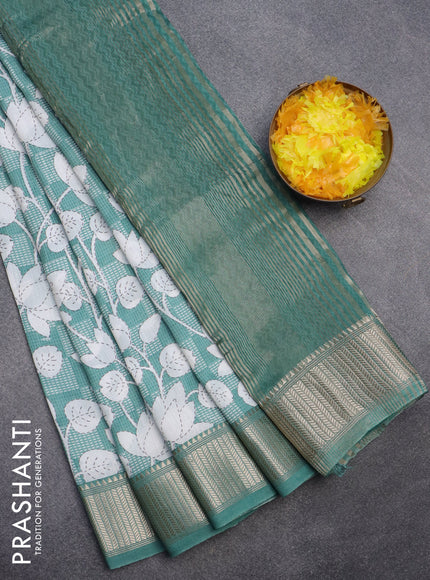 Assam silk saree teal green shade with allover prints and zari woven border