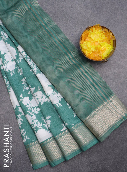 Assam silk saree teal green shade with allover floral prints and zari woven border