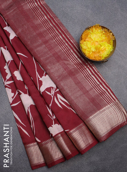 Assam silk saree maroon with allover floral prints and zari woven border