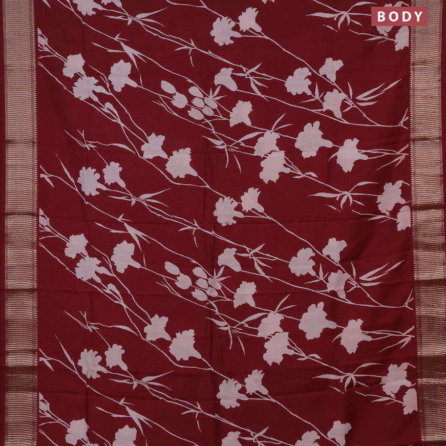 Assam silk saree maroon with allover floral prints and zari woven border