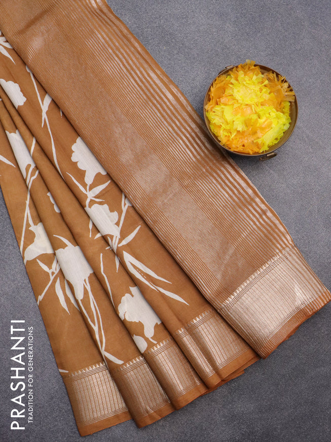 Assam silk saree mustard yellow with allover floral prints and zari woven border