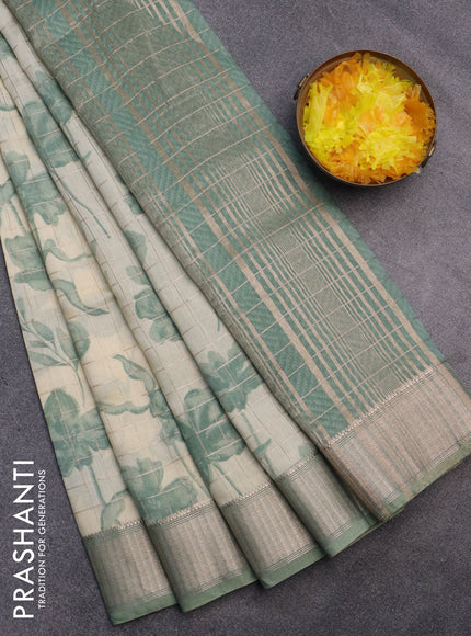 Assam silk saree cream and pastel green with allover zari checks & floral prints and zari woven border