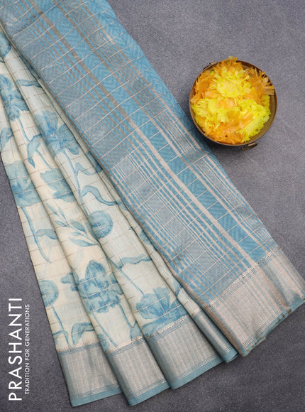 Assam silk saree cream and pastel blue with allover zari checks & floral prints and zari woven border