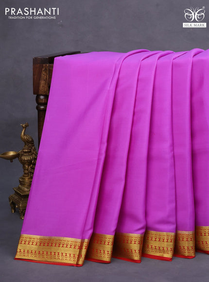 Pure mysore silk saree lavender shade and red with plain body and zari woven border