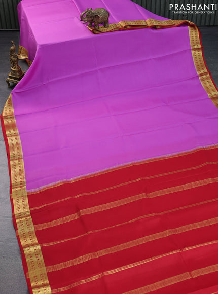 Pure mysore silk saree lavender shade and red with plain body and zari woven border