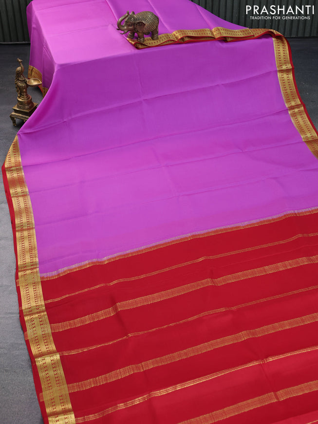 Pure mysore silk saree lavender shade and red with plain body and zari woven border