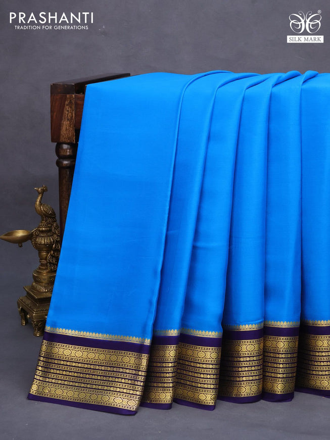 Pure mysore silk saree cs blue and blue with plain body and zari woven border