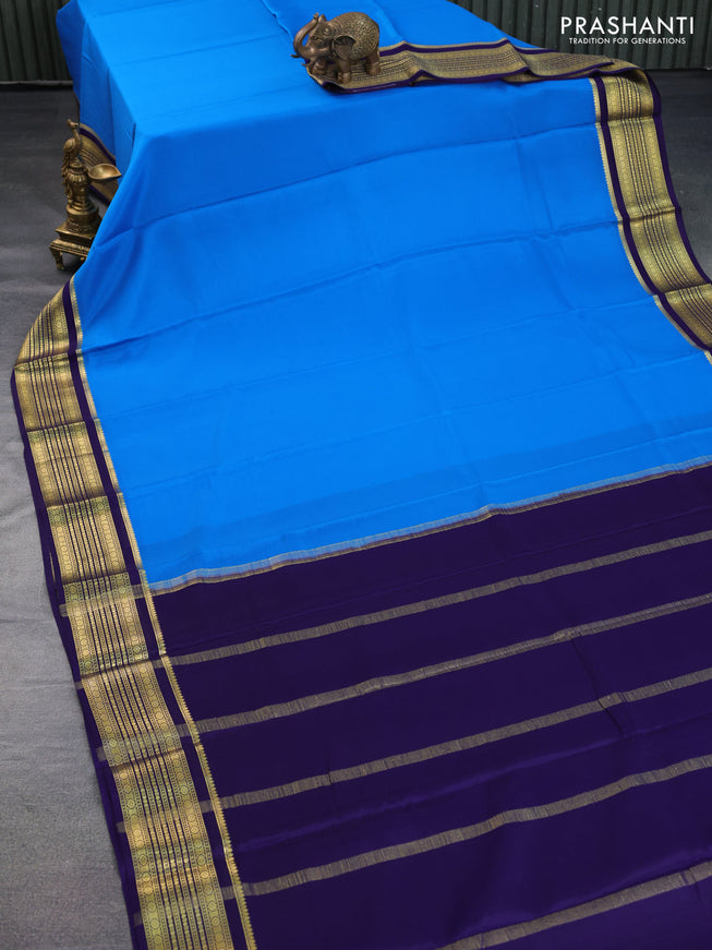 Pure mysore silk saree cs blue and blue with plain body and zari woven border