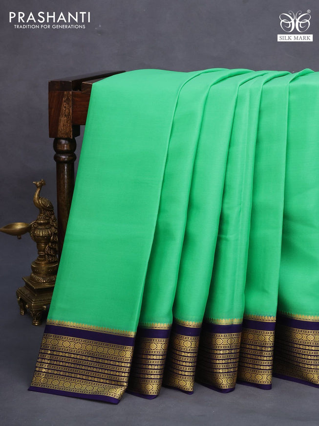 Pure mysore silk saree light green and dark blue with plain body and zari woven border