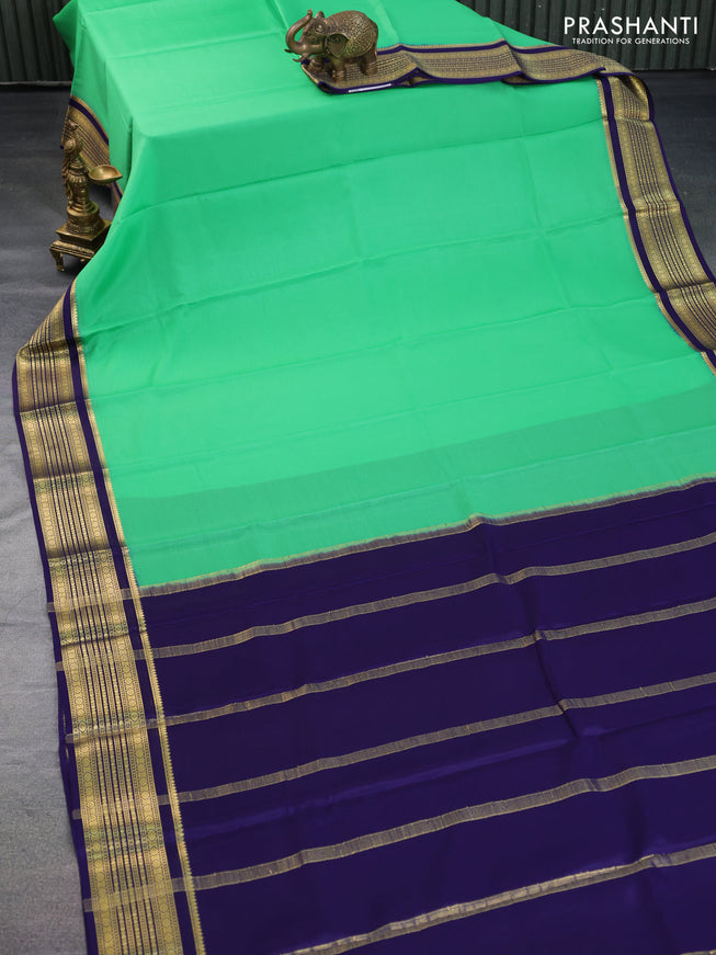 Pure mysore silk saree light green and dark blue with plain body and zari woven border