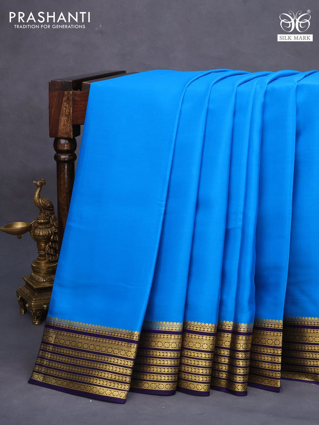 Pure mysore silk saree cs blue and blue with plain body and zari woven border