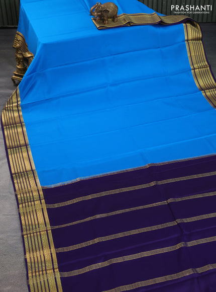 Pure mysore silk saree cs blue and blue with plain body and zari woven border