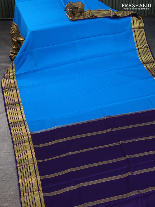 Pure mysore silk saree cs blue and blue with plain body and zari woven border