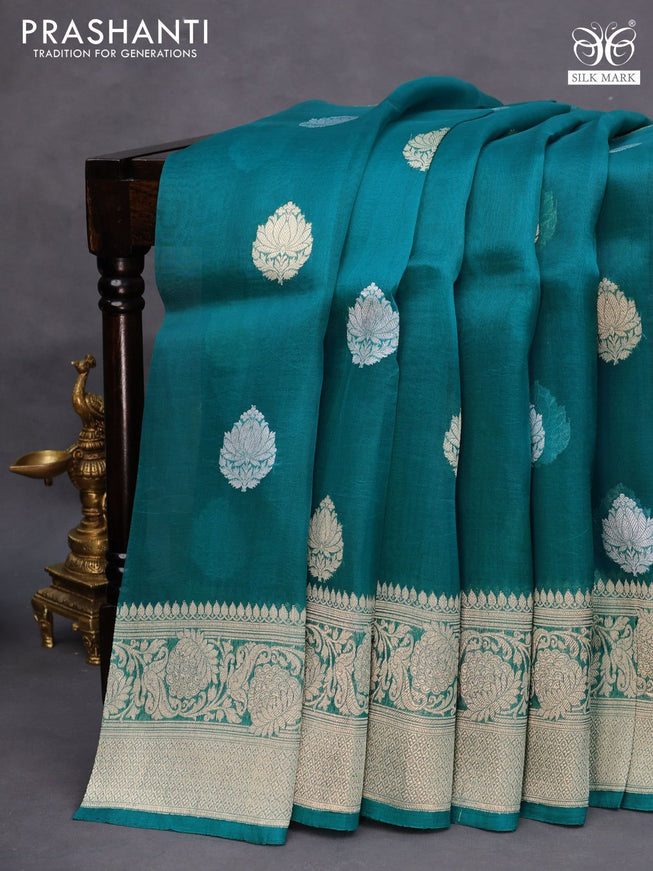 Banarasi organza saree teal blue with woven buttas and woven border