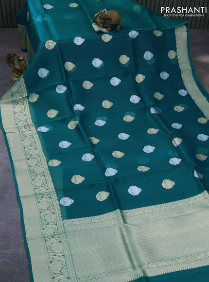 Banarasi organza saree teal blue with woven buttas and woven border