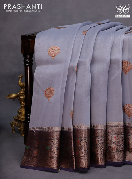 Banarasi organza saree grey shade and blue with thread & zari woven buttas and banarasi style border