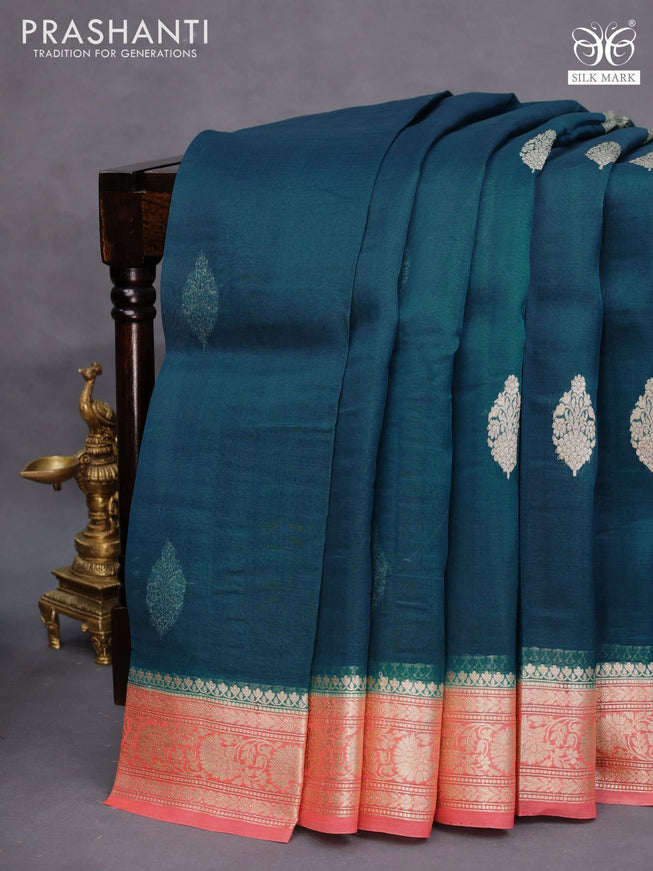 Banarasi organza saree peacock blue and peach orange with zari woven buttas and zari woven border