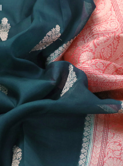 Banarasi organza saree peacock blue and peach orange with zari woven buttas and zari woven border