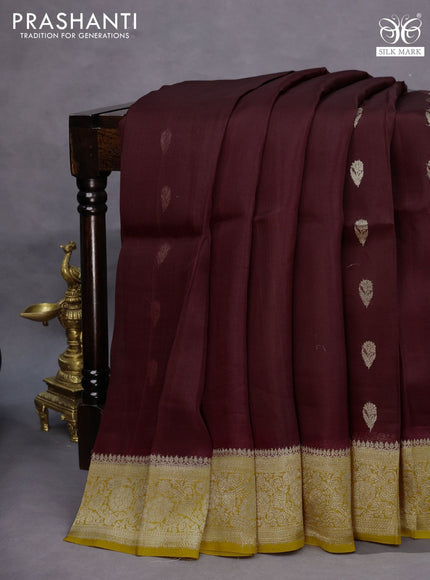 Banarasi organza saree deep maroon and mango yellow with zari woven buttas and zari woven border