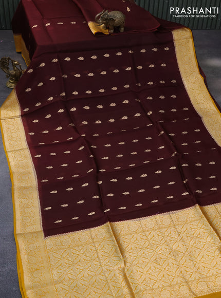 Banarasi organza saree deep maroon and mango yellow with zari woven buttas and zari woven border