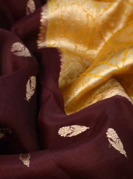 Banarasi organza saree deep maroon and mango yellow with zari woven buttas and zari woven border