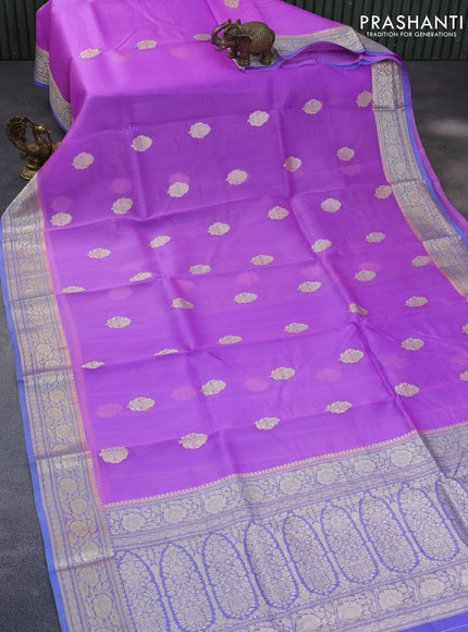 Banarasi organza saree lavender shade and blue with woven buttas and zari woven border