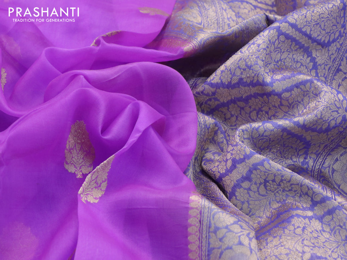 Banarasi organza saree lavender shade and blue with woven buttas and zari woven border