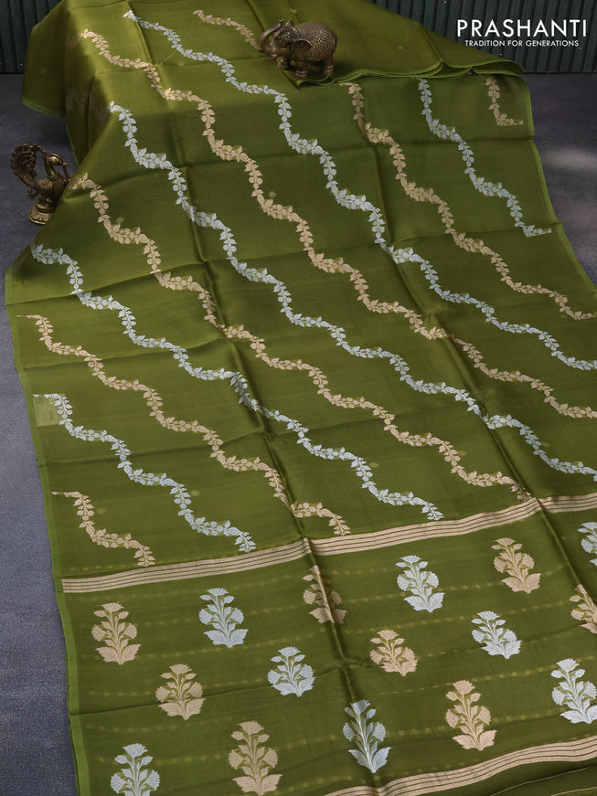 Banarasi organza saree mehendi green with silver & gold zari weaves in borderless style