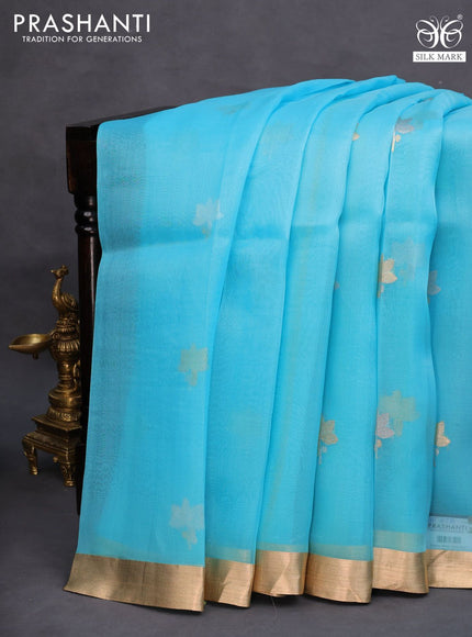 Banarasi organza saree light blue with silver & gold zari woven buttas and zari woven border