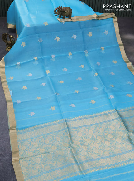 Banarasi organza saree light blue with silver & gold zari woven buttas and zari woven border