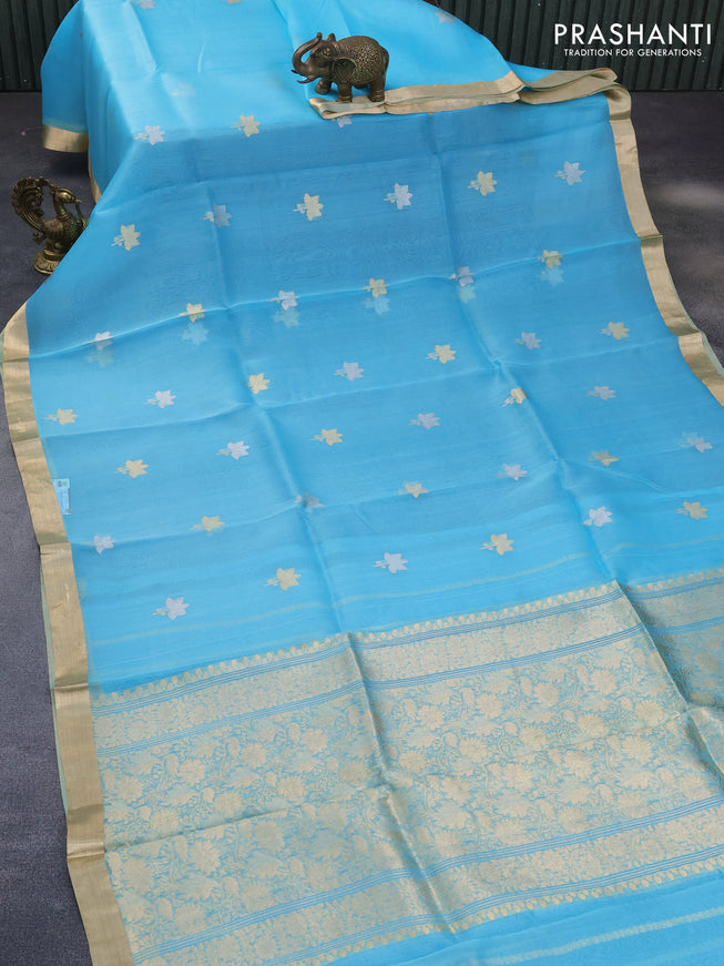 Banarasi organza saree light blue with silver & gold zari woven buttas and zari woven border