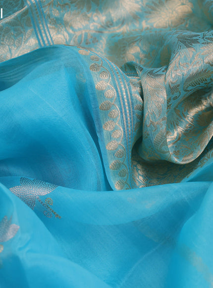 Banarasi organza saree light blue with silver & gold zari woven buttas and zari woven border