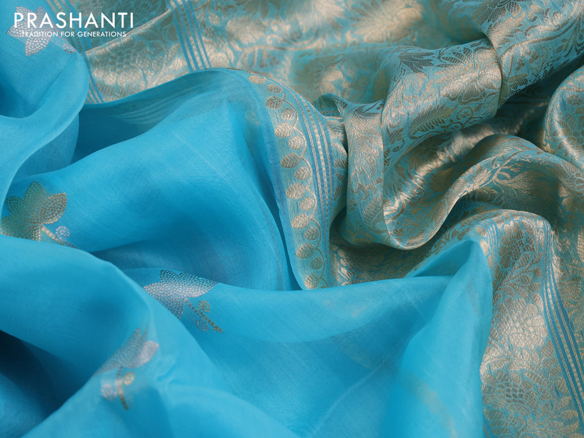 Banarasi organza saree light blue with silver & gold zari woven buttas and zari woven border