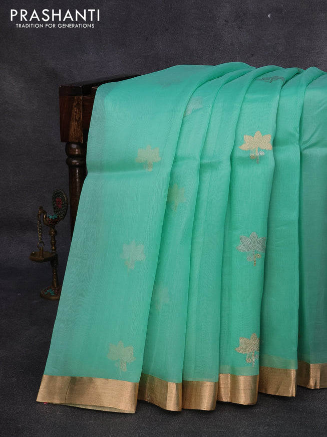 Banarasi organza saree teal green with silver & gold zari woven buttas and zari woven border