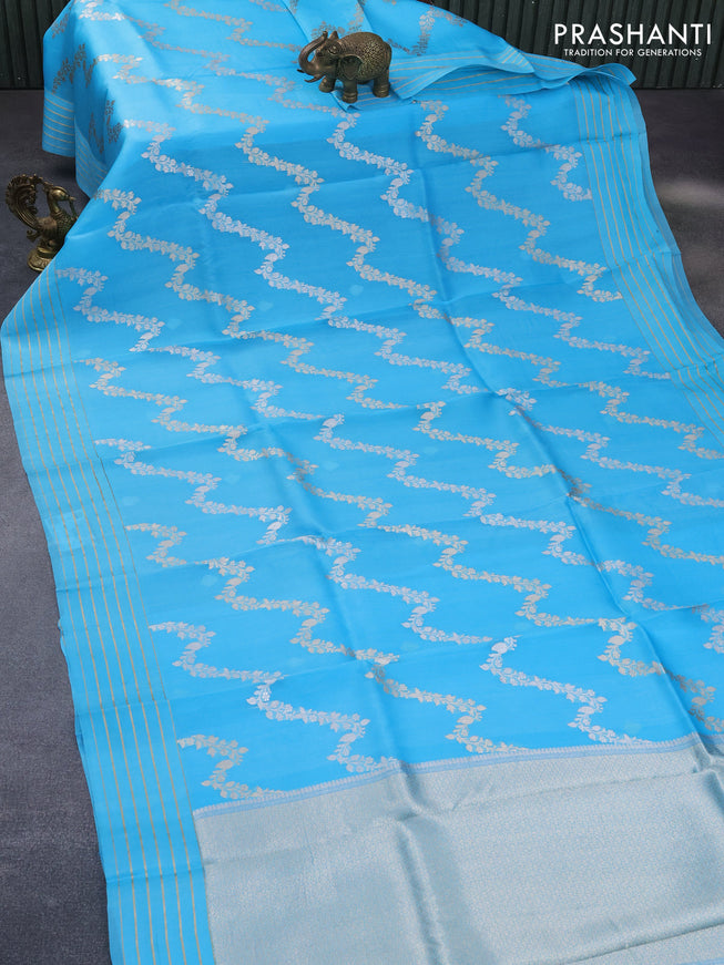 Banarasi organza saree light blue with allover zari weaves and zari line border