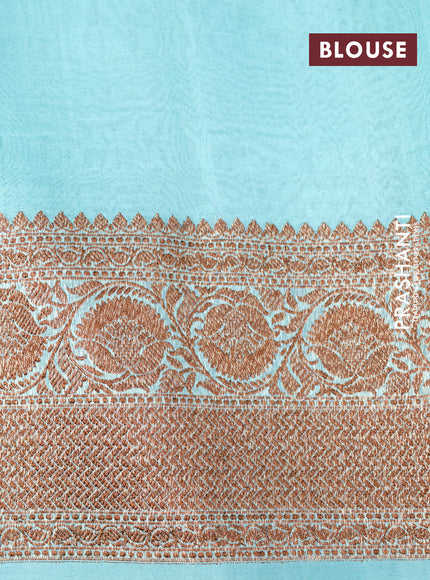 Banarasi organza saree grey shade and teal blue shade with woven buttas and banarasi style border