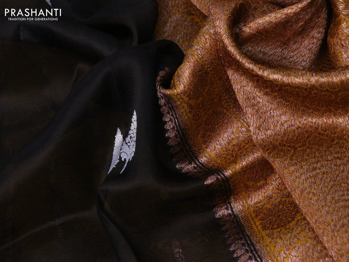 Banarasi organza saree black and mustard yellow with woven buttas and banarasi style border