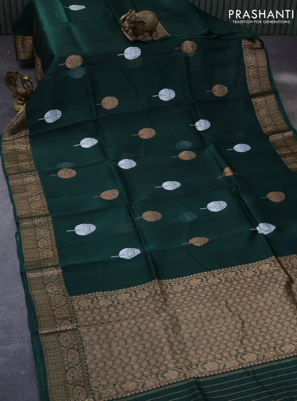 Banarasi organza saree dark green with woven buttas and banarasi style border