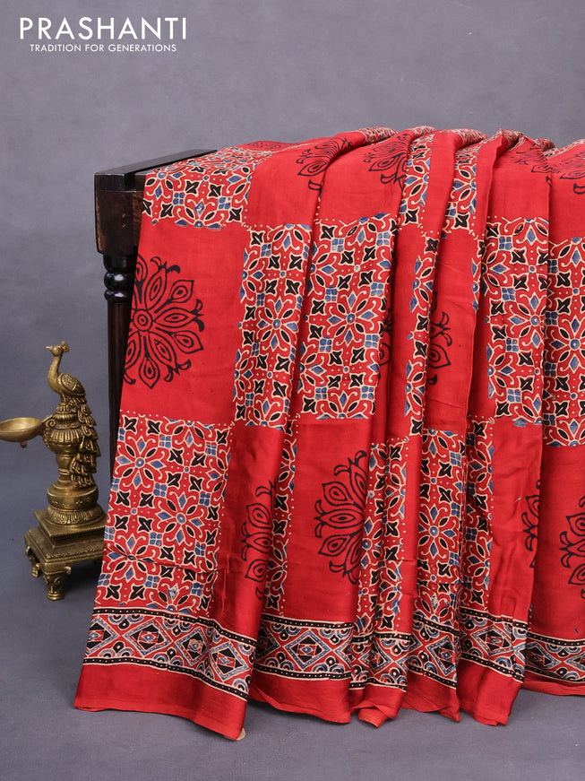 Modal silk saree red with allover ajrakh prints and printed border