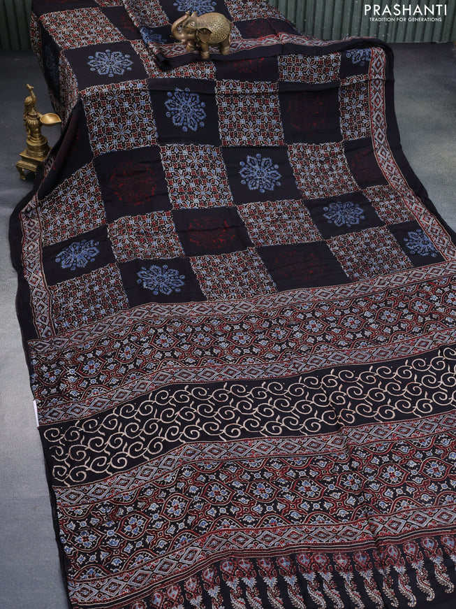 Modal silk saree black with allover ajrakh prints and printed border