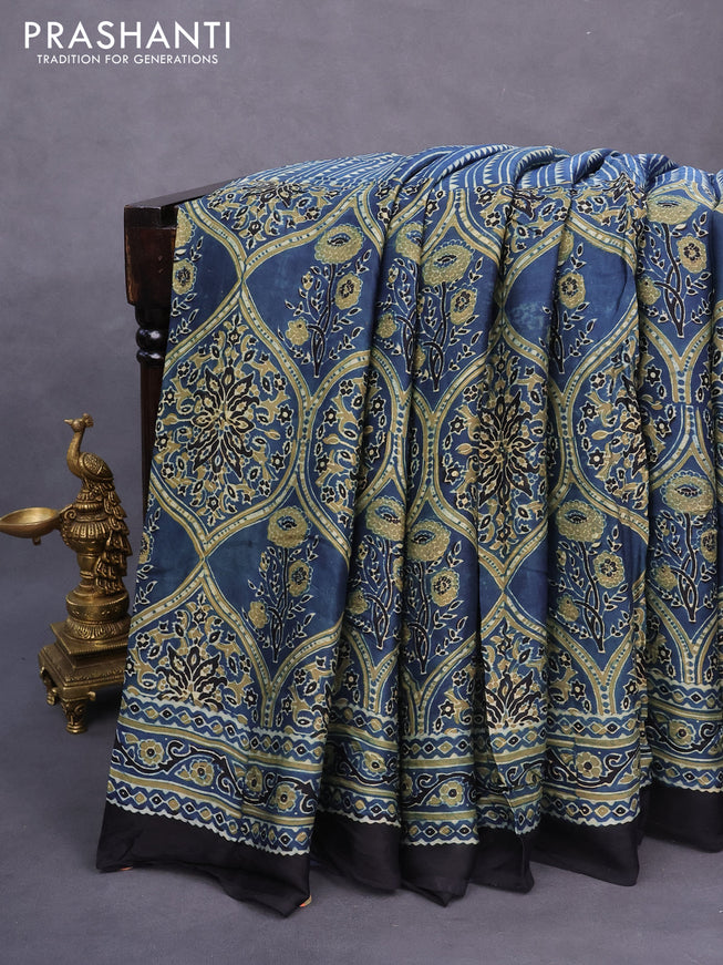 Modal silk saree blue and black with allover ajrakh prints and printed border